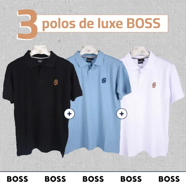 Pack 3 Polos de Luxe Boss de coton piqué respirante et robuste Bordé 2025 ( Bleu ciel + Blanc + Noir  )